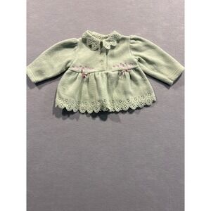 Baby Q Vintage Sage Green Fleece Jacket Floral Embroidery Eyelet Lace 6-9 Months